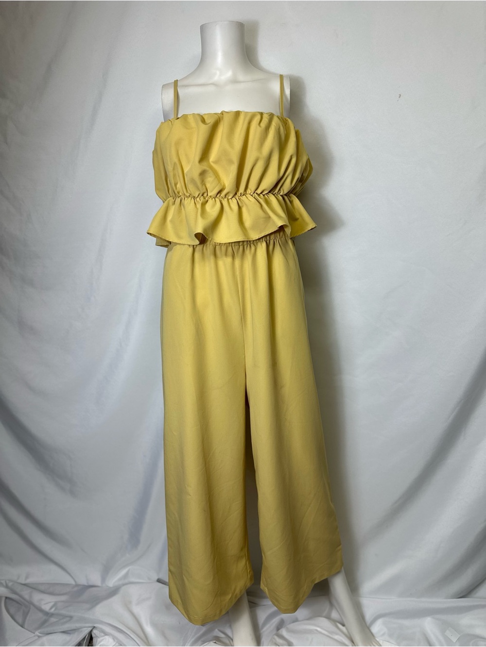 New York & Company Sunflower Yellow Ruffle-Waist Wide-Leg Jumpsuit size large